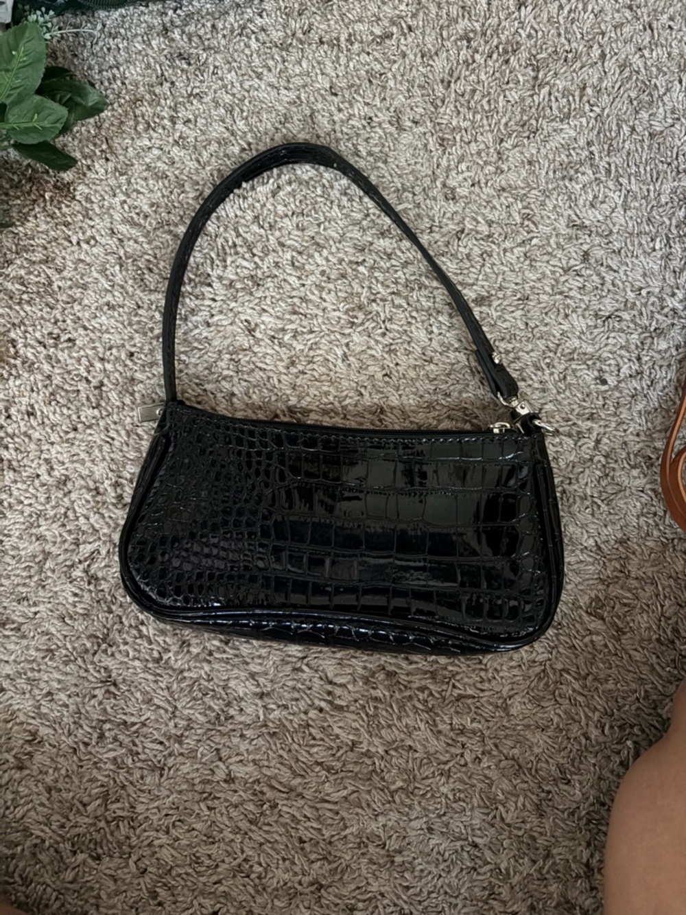 Black Croc-Embossed Shoulder Bag